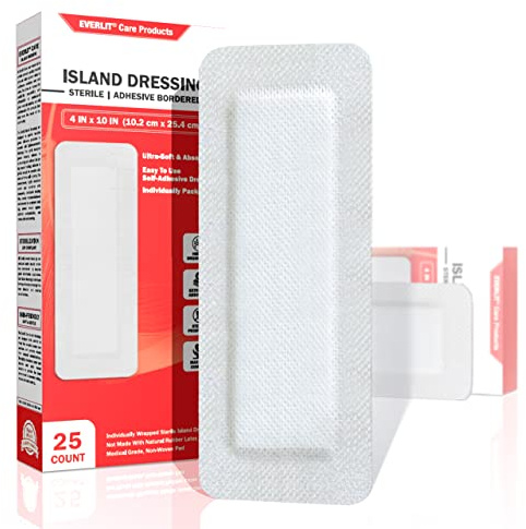 EVERLIT Island Dressing Bordered Gauze | Large Wound Care Bandage with Adhesive Border| Sterile, Soft & Highly Absorbent Medical Grade Dressing Pad (4x10 Inch (Pack of 25))