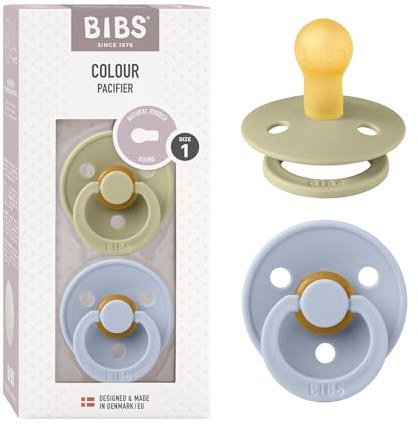 BIBS Colour Soother 2-Pack, BPA Free Dummy Pacifier, Round Nipple. Natural Rubber Latex, Made in Denmark. 0-6 Months (Pack of 2), Khaki/Dusty Blue