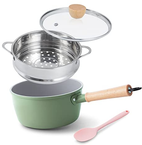 ROCKURWOK Ceramic Nonstick Sauce Pan with Lid, 2 Quart Cooking Pot, Small Saucepan with Steamer, PTFE& PFAS-Free, Wooden Handle for Cool Touch, Universal Base(Gas, Electric & Induction), Green