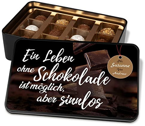 Geschenk für Schokoladen-Liebhaber: Pralinendose personalisiert „Ein Leben ohne Schokolade“ - Metalldose mit 12 Confiserie-Pralinen – Geschenkideen für Valentinstag, Geburtstag