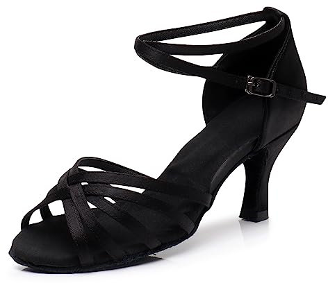 PADGENE Chaussures de Danse à Semelle Molle en Satin pour Femmes, à Talons Hauts Chaussures de Danse pour Jazz/Latin/National Mark/Rumba/Cha Cha, L - Noir - 7cm, 38 EU