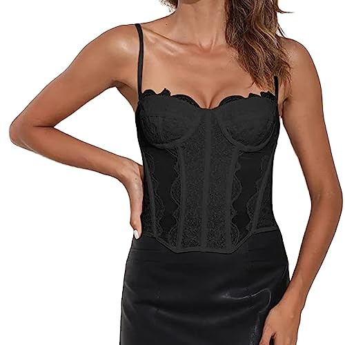 Corpetto Donna,Top Da Donna Elegante In Pizzo Con Corsetto Nero Sexy Cinturino Per Spaghetti Overbust Bustier Corsetto Boho Slim Corsetto Disossato Body Shaper Lingerie Wedding Party Club Reggiseno