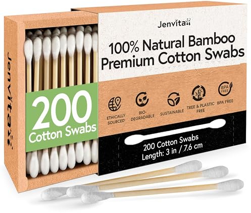 Jenvita 100% Bamboo Cotton Ear Swabs (200-Pack) | Double Tipped Ear Cotton Buds for Beauty & Personal Care | FSC Certified & Hypoallergenic | Suitable for All Ages & Pets | Biodegradable & Disposable