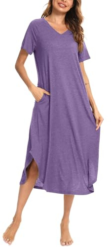 Nieery Nightdress for Women Short Sleeved V Neck with Pockets Purple