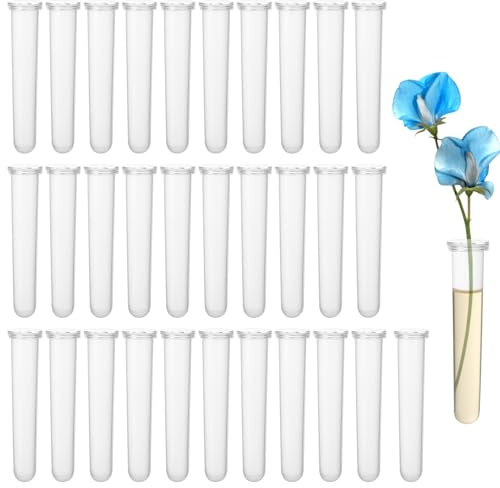 mauuuba 32 Pièces Tube à Essai à Fleur, Tube a Essai Plastique, Tubes à Essai à Fleur, Tubes à Eau de Fleur en Plastique Transparent Réutilisables, Flacon Tube Essai pour Fleurs Décoration, 10x1,8 cm