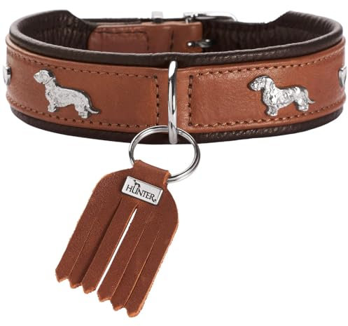 HUNTER Teckel-Halsband MÜNCHEN, Farbe: Cognac/schwarz, Leder, edle Dackel-Besätze, weich und robust, fellschonend, luxuriös, ökologisch hergestellt, nachhaltig, Made in Germany, Größe: 42