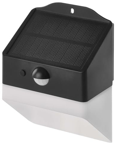 EMOS - Lámpara solar LED LUNIS para exterior con detector de movimiento - Aplique solar con gancho para casa/jardín - Alcance del sensor 6m/120° - 2 modos de luz, brillo máx. 220 lm, blanco neutro -