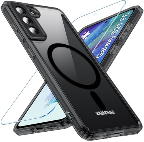 Fin2feel magnetiskt fodral för Samsung Galaxy S21 FE kompatibelt med MagSafe med pansarglas, svart ram transparent stötsäkert mobiltelefonfodral för Samsung Galaxy S21 FE 5G