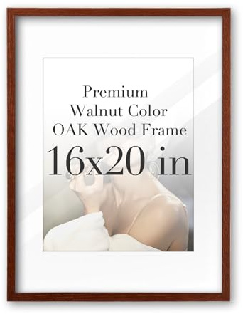 iHery Standard 16x20in Premium Truly Natural OAK Wood Walnut Color Picture Frame with 2 Mats (11x14,16x20), Acrylic Glass Thickened Backboard, Minimalist Photo Frames Narrow Border Set of 1