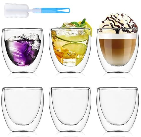 VAIGU:OA 6 Stück Espressotassen Doppelwandig - 79ml Doppelwandig Thermogläser Gläser Set, Hitzebeständig Espresso Gläser Mokkatassen mit Topfbürste für Familien, Bars, Partys, Restaurants