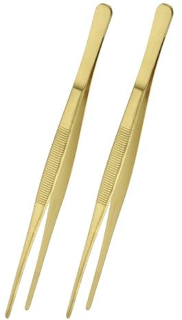 HARFINGTON 2pcs 10 Inch Fine Tweezers Tongs Extra-Long Stainless Steel Non-Slip Kitchen Cooking Tweezers Tongs with Round Tip for Repairing Roasting Barbecue Baking, Gold