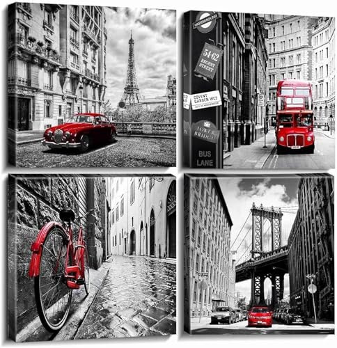 AREBOLO 4 piezas Cuadros en lienzo blanco y negro paisaje de parís láminas paisajes urbanos de londres para imagen de coche rojo oficina, salón, dormitorio, decoraciones modernas para paredes 12x12”