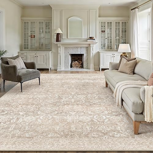 PureCozy Vintage Rugs Living Room Area Rug 200x300cm Beige Large Carpet | Machine Washable Area Rugs, Non Slip, Soft, for Living Room, Bedroom, Dining Room, Office, Low Pile Carpet