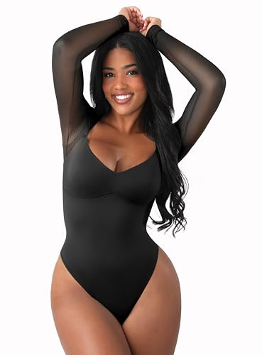 FeelinGirl Long Sleeve Bodysuit for Women - Sexy Mesh V Neck Body Suits Thong Corset Top Date Night Outfit, Black, S