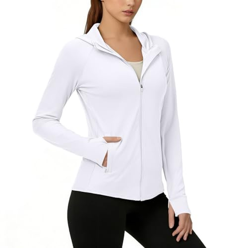 Chaqueta de correr para mujer, con protección solar UPF 50+, con capucha, de secado rápido, con cremallera, ligera, atlética, protección UV, bolsillos, para senderismo, pesca, con agujero para el