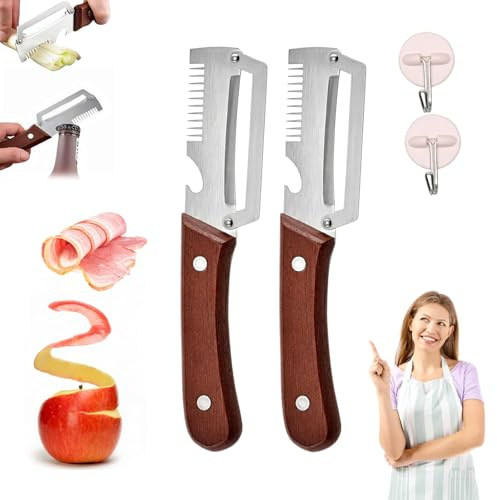 Pelatore Da Cucina Multifunzionale 3 in 1, Pelatore Di Frutta Multifunzione, Coltello Pelapatate in Acciaio Inox con Manico in Legno Ergonomico, Taglia Verdure Julienne e Apribottiglie (2)