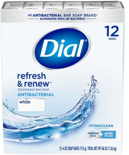 Dial Antibacterial Deodorant Bar Soap, 4 oz bars, White, Pack of 12