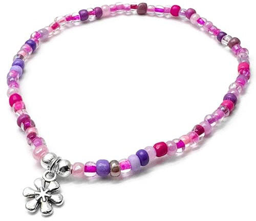 Daisy Flower Charm Beaded Anklet Pink and Purple Glass Seed Bead Mix with Silver Tone Charm : Size M/L 10 inches, Beach Boho Surfer Floral Jewellery for Women