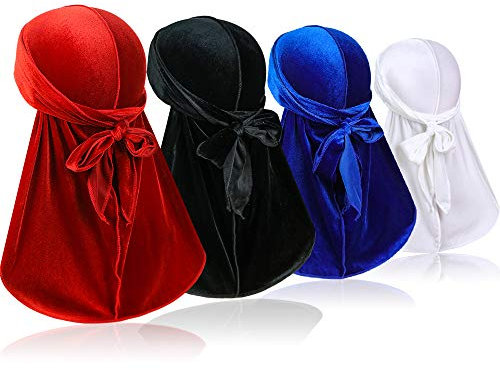 4 piezas de terciopelo para hombre Durags – Premium Soft Durag Headwraps con cola extra larga y correas anchas perfectas para 360 ondas
