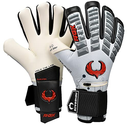 Renegade GK Eclipse Pulsar Professional Goalie Gloves with Pro Fingersaves | 4mm EXT Contact Grip | Gray & Red Football Goalkeeper Gloves (Size 6, Youth, Junior, Neg. Cut, Level 5)
