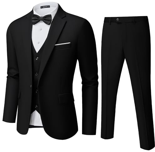 Saruit Mens Suit Tuxedo Set Slim Fit Suits 3 Piece One Button Prom Wedding Blazer Vest Pants with Bow Tie Black