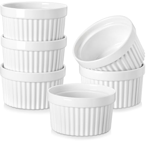 MALACASA Set di 6 Pirottini per Soufflé 360 ml, Ø 11,5 x 6,5 cm, Ciotoline e Stampini Rotondi da Forno in Porcellana per Dolci, Soufflé, Merenda e Snack, Bianchi, Adatti a Lavastoviglie e Microonde