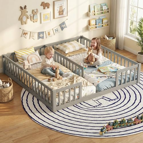 Mirightone Double Twin Bed Frames for Kids, Wood Montessori Bed with Fence Guardrails, Double Twin Floor Bed Side by Side for Boys Girls Children, Grey