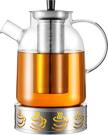 HEMOLY 1,8 Liter -Teekanne aus Glas mit Edelstahl–Borosilikatglas & Stövchen– Tropffrei, Hitzebeständig, Spülmaschinenfest