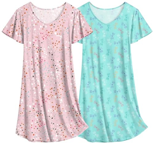 Ekouaer 2 Pack Nightgowns for Women Flare Short Sleeve Sleepshirt V Neck Sleepwear Floral Print Blue Butterfly + pink L