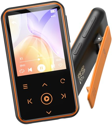 AGPTEK 64 GB MP3-spelare med klämma, Bluetooth 5.3-spelare med pekknappar, minimusikspelare med 1,8 tums TFT-färgskärm, inspelning, FM-radio, stegräknare, stöder upp till 128 GB, orange