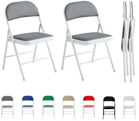 mcc direct 2er Set Klappstuhl Kunstleder Klappstuhl mit Metallrahmen und gepolstertem Sitz, einfach zu falten und zu verstauen für Zuhause, Büro, Esszimmer und Empfang (Grau)
