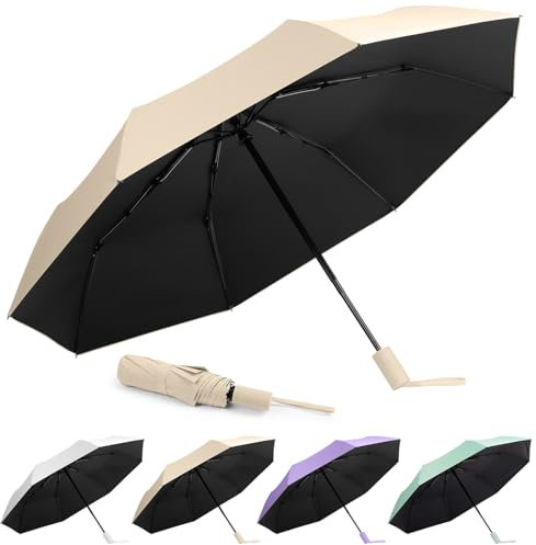 Aolso Reise-Regenschirm, 8 Rippen Winddichter Automatischer Regenschirm, Regenschirm Sturmfest, Automatisches Öffnen/Schließen, Tragbarer Regenschirm für Männer und Frauen(khaki)