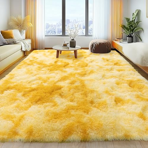 KOGSA Soft Fluffy Rug for Living Room, 4x6 Tie-Dyed Yellow Shag Area Rug