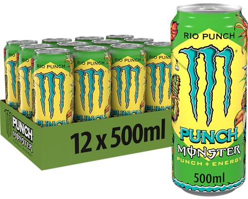 Monster Energy® Rio Punch - koffeinhaltiger Energy-Drink mit dem Geschmack exotischer Früchte - full Flavour, full Sugar, Juice - in praktischen Einweg Dosen (12 x 500 ml)