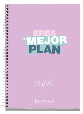 Miquelrius - Agenda 2025 2026, Día Página, 10 meses de Septiembre a Junio, 117 x 174 mm (similar A6), Cartón Forrado, Espiral Metálico Blanco, Español-Inglés