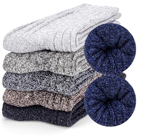Riqiaqia 6 Pares Calcetines de Lana Merino para Mujer Calcetines Térmicos Invierno Grueso Transpirables Calcetine Algodón de Punto Cálidos para Mujeres et Hombres, Talla única 36-42