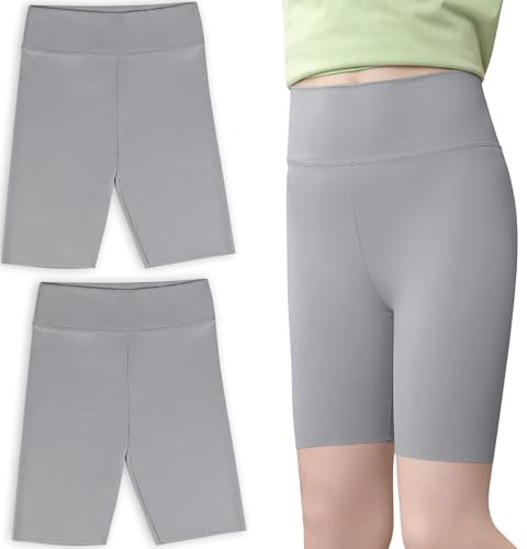 srclo 2 Pairs Girls Cycling Shorts Stretchy Dance PE Short Breathable Under Dress for Kids School Sport Yoga Bike Riding Black Grey 6-13 Years