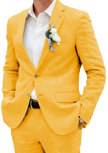 Conjunto de traje de lino para hombre, esmoquin casual, 2 piezas, blazer de ajuste regular, chaqueta de dos botones y pantalones para graduación, boda, fiesta, amarillo, 48