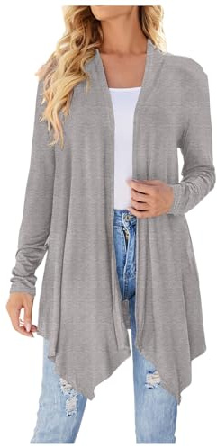 Camisa de manga larga cárdigan ligero abierto frontal drapeado de longitud media asimétrica camisa funcional mujer manga larga, gris, M