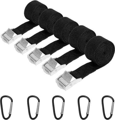 Sheryl&Rain 5 Piezas Cinchas de Amarre con Gancho de Tarjeta,25MM×2m Correa de Amarre Negro con Correas Tensoras de Presión para Portaequipajes de Coche Portabicicletas Surf Bicicleta