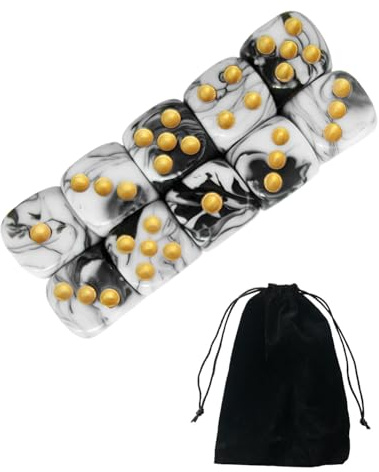 JUKOTA 10 PCS Dés,16mm D6 Dé en Acrylique,Dés Blanc-Noir avec Sac en Tissu,pour Jeux de société,Rôle,Table,Cours de Mathématiques