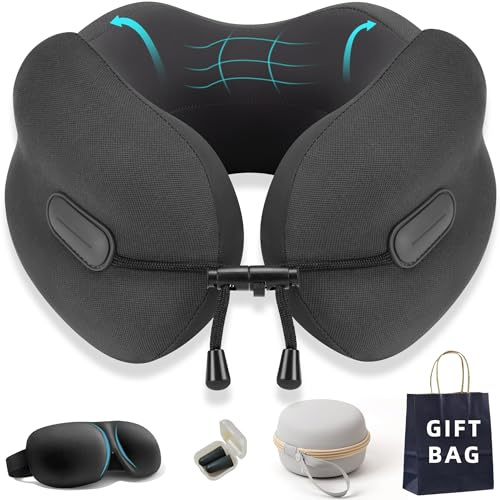 Parnir Ergonomic Travel Neck Pillow for Airplane, Memory Foam Support for Long Haul Flight Headrest, Soft Compact U Shaped for Adult Women Plane Sleeping, Portable Carry Box, Eyemask, Earplugs, Size S
