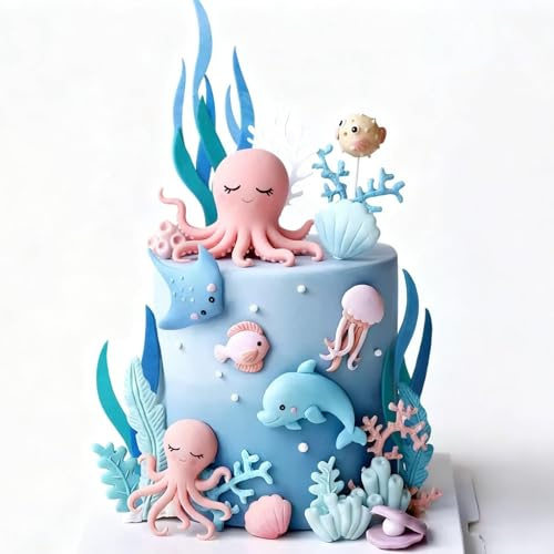 10 Pezzi Cake Topper Tema Mare per Torta Compleanno,Decorazioni Torte Animali Marini 3D con Polpo Pesci Medusa Conchiglie, Decorazioni Compleanno Tema Mare per Feste a Tema, Baby Shower Decorazioni