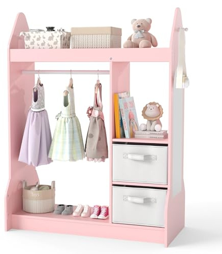 HONEY JOY Kids Dress up Storage with Mirror, Wooden Children Costume Wardrobe Closet w/Storage Bins, Open Hanging Toddler Armoire, Pretend Play Baby Dresser for Bedroom Playroom, for 3+ Years Old