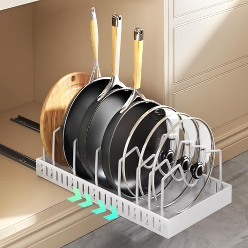 Vunanvu Porta Coperchi Pentole Scorrevole Portapentole per Cassetto con 12 Divisori Regolabili Organizer per Pentola e Padelle Porta Coperchi Pentole Salvaspazio per Padelle e Coperchi, Bianco