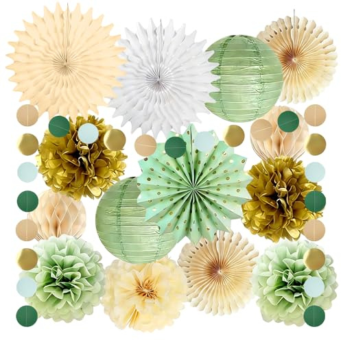 15 unidades de decoración de papel en beige y amarillo, pompones de papel para decorar, abanicos de papel para bodas y fiestas para festivales, carnavales y decoración de cumpleaños