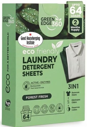 Green Edge 360 Laundry Detergent Sheets Eco-Friendly, Plant-Based Natural Washing Detergent for Up to 64 Loads Travel Friendly, Hot and Cold Washes (64 Sheets (1 Pack), Forest Fresh)