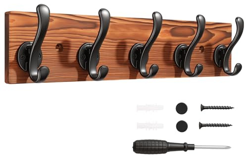 Dntorx Wall Mounted Coat Rack, 15.8 Inch Wooden Coat Hooks Rail, 1 Pack