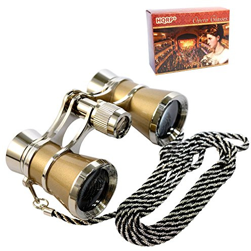HQRP 3 x 25 Opera Glasses Theater Binoculars, with Crystal Clear Optic (CCO), Golden with Silver Trim and Necklace Chain, for Adults Kids Women in Musical Concert Sport Events etc.