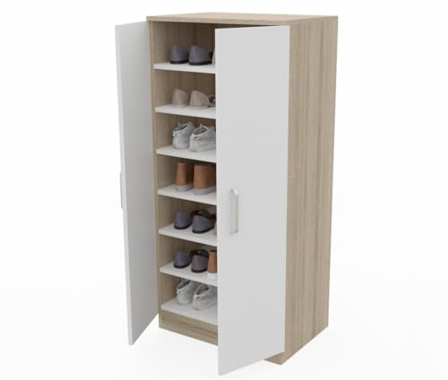 DORMIDAN Mueble Zapatero Dos Puertas, Armario Auxiliar con 7 estantes.(Roble puertas blancas)